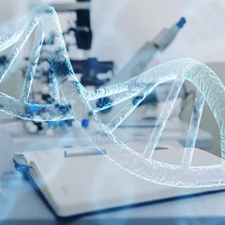DNA string with a lab environment in the background 